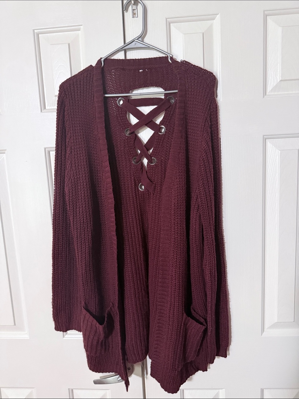 Lace-backed Open Cardigan Sweater - Burgundy